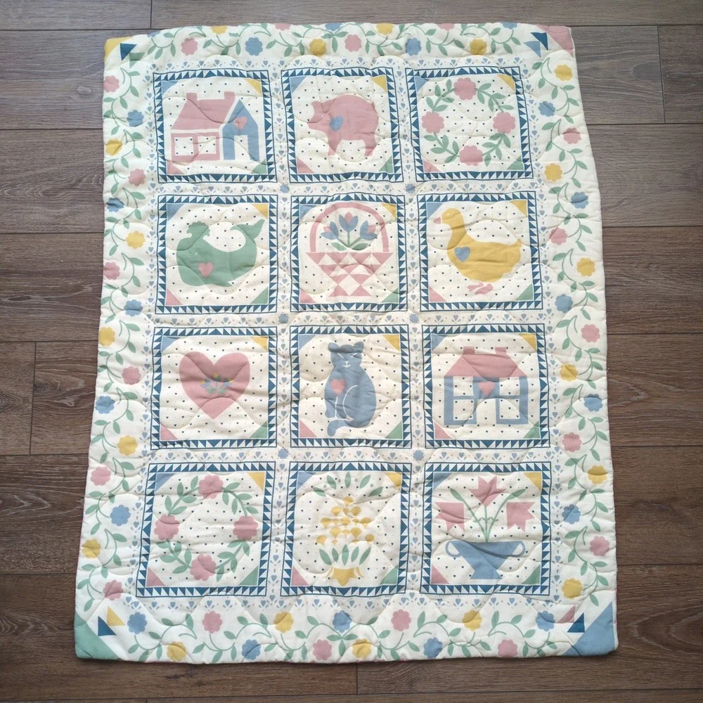 Vintage 80s Baby Quilt Wall Hanging Pastel Animal Cat Whale Duck Floral Folk Art